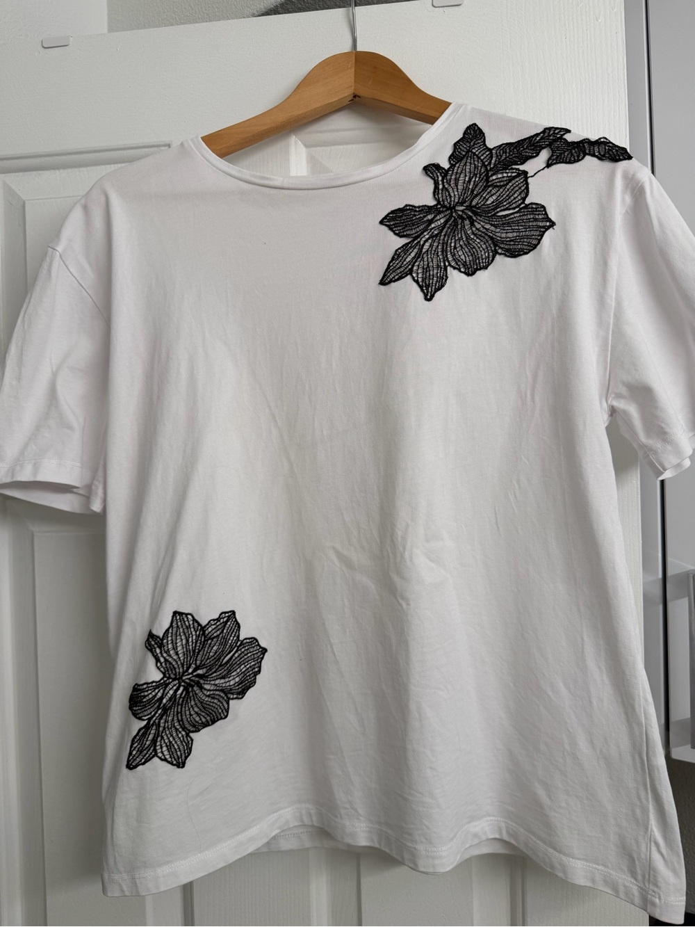 Zara White Tee with Black Floral Appliqués